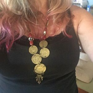 Beautiful necklace coins and beads -bronze & rope